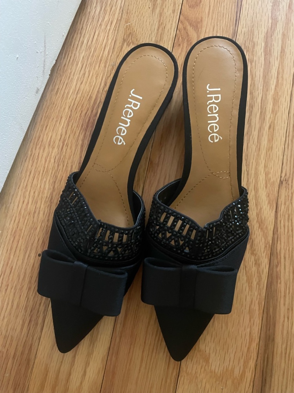 J.Reneé Black Pointed Bow Mules with Beaded Detail